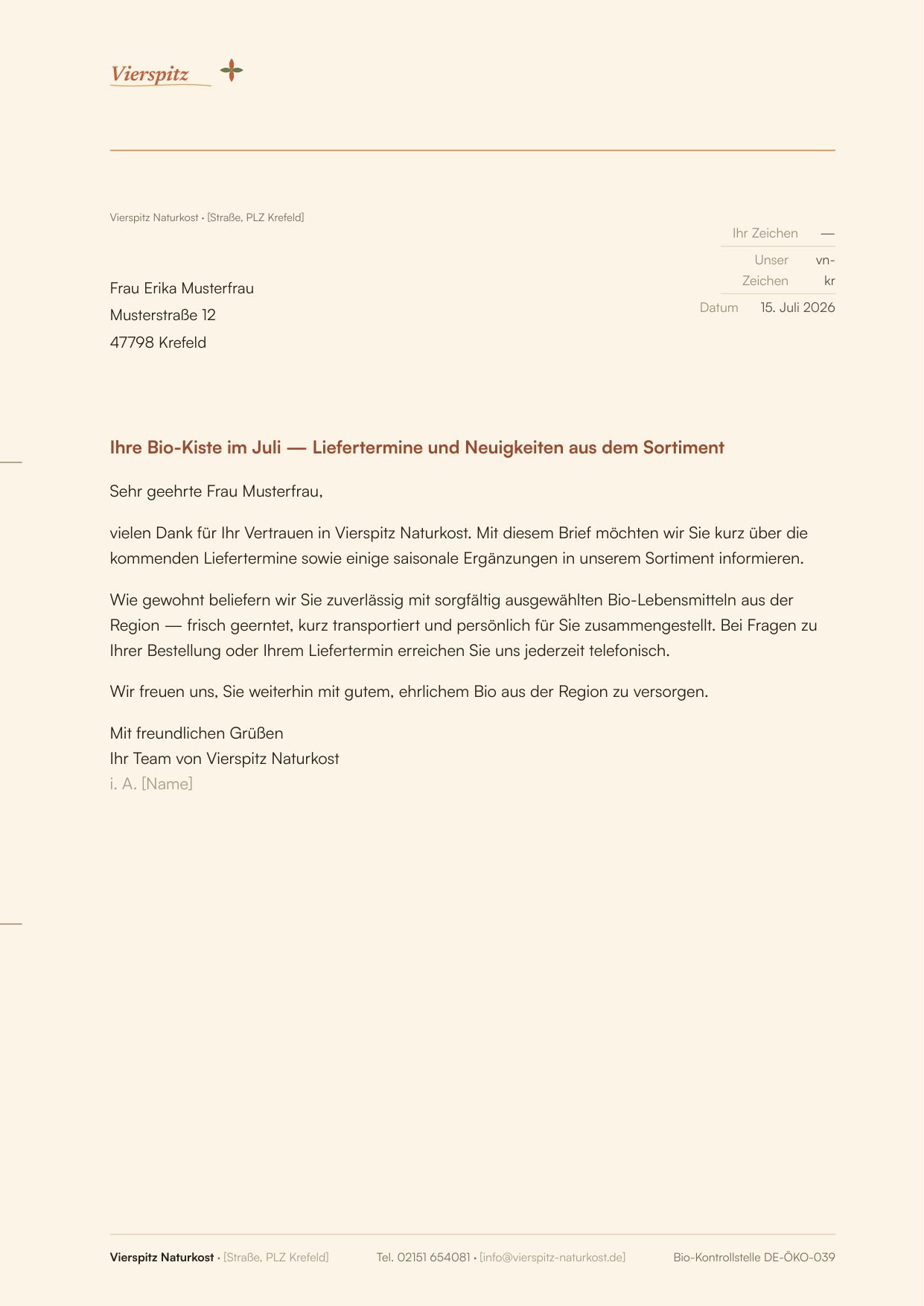 Briefbogen-Vorschau, Konzept Feldschrift